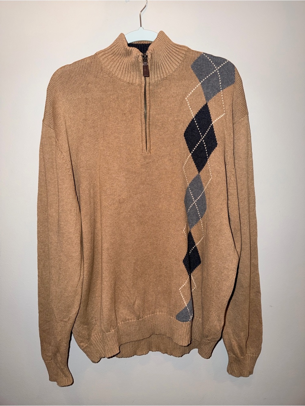 Oscar de la Renta 100% cotton Camel Half-Zip Sweater with Argyle Detail luxury